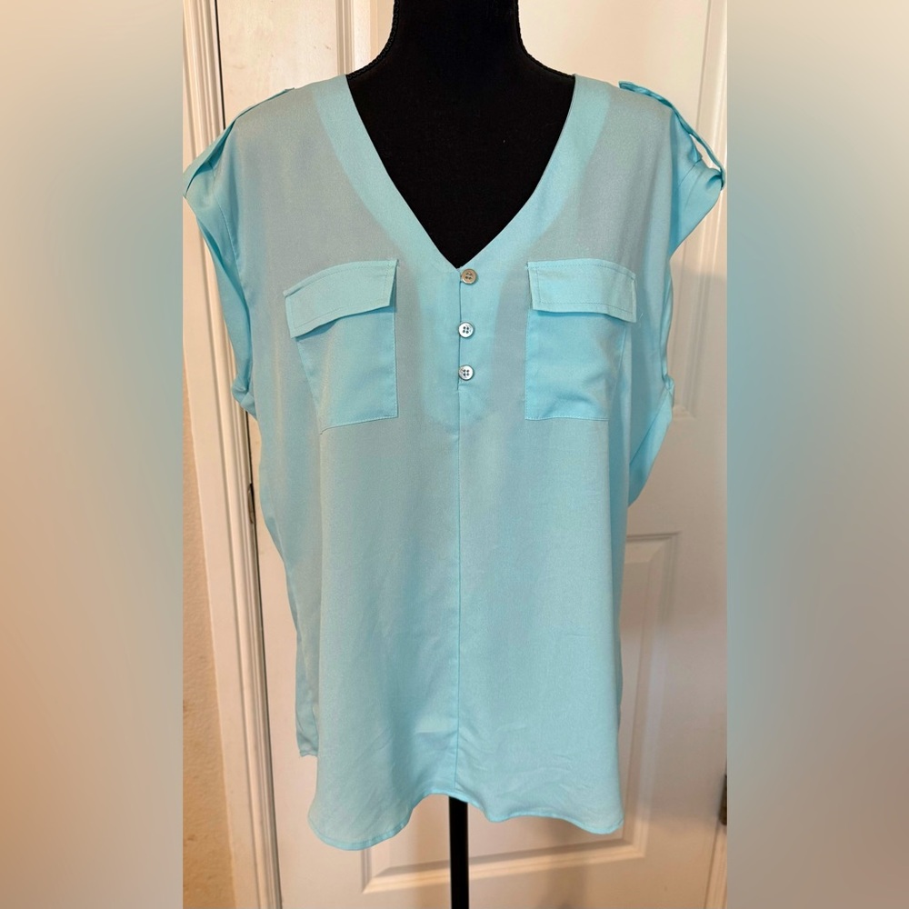 Vtg New York & Co Light Teal Popover Top SZ L V-Neck Front Pockets Semi Sheer